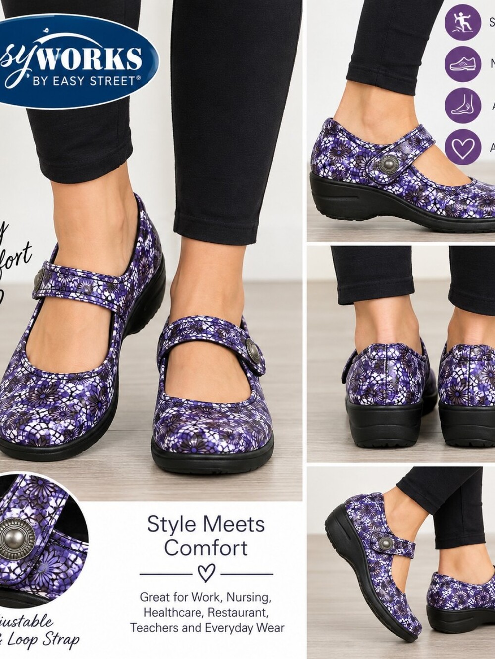 Easy Works by Easy Street Women 11 Wide Purple Floral Mary Jane Work Shoes NEW